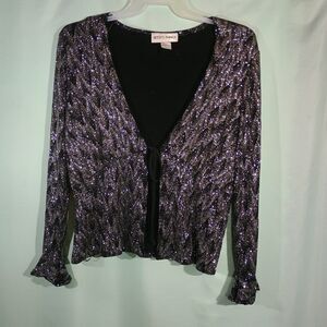 Womens Sequin Shimmer Top Tie Front Black Silver Long Sleeve Party